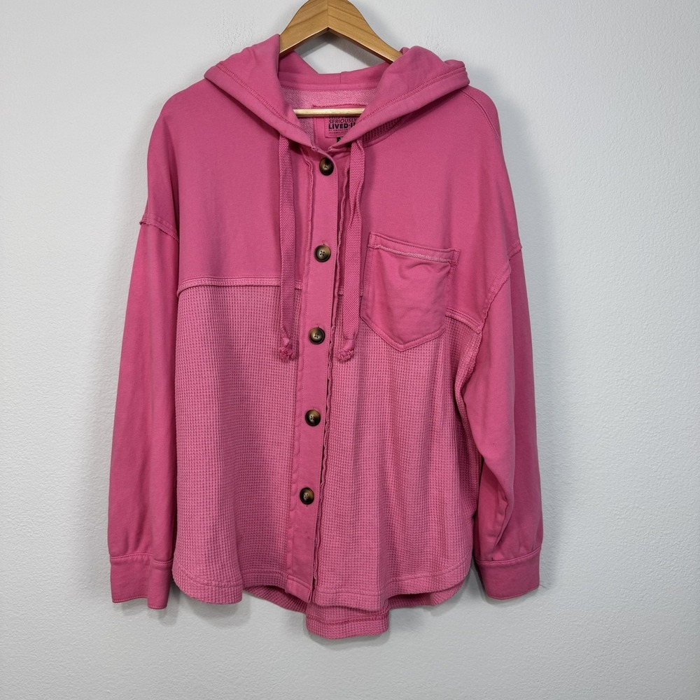 American Eagle Outfitters Shirt Women's Medium Pink Hooded Waffle Knit Button Up